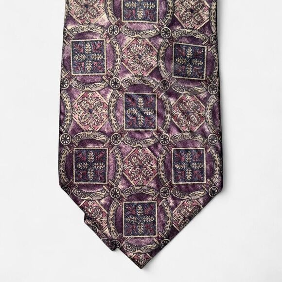 Vintage 90s Bill Blass Purple and Tan Geometric Print Neck Tie - Picture 4 of 6